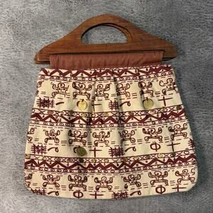 Cream Geometric Graphic Embellished Wooden Handle Bag